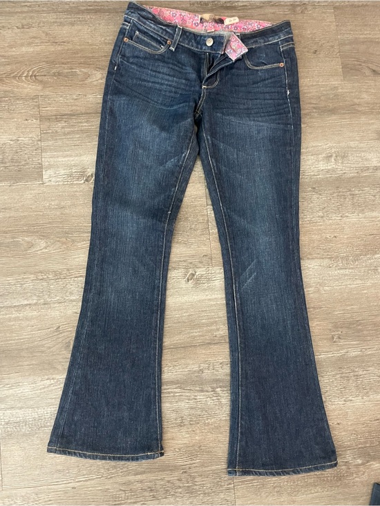 PAIGE Denim - PAIGE Dark Blue Flare Jeans with Pink Waistband Detail